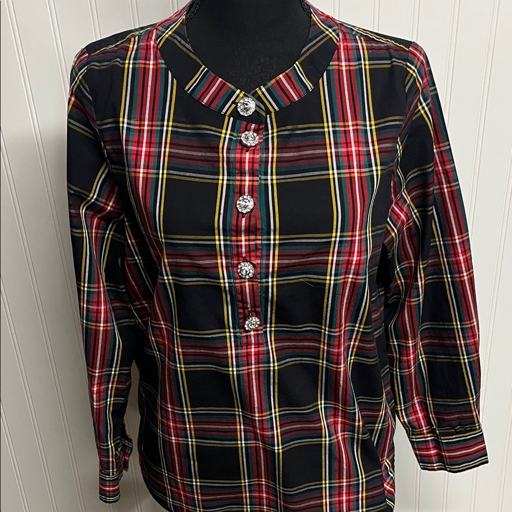 J. Crew Black Multicolor Plaid Top Small